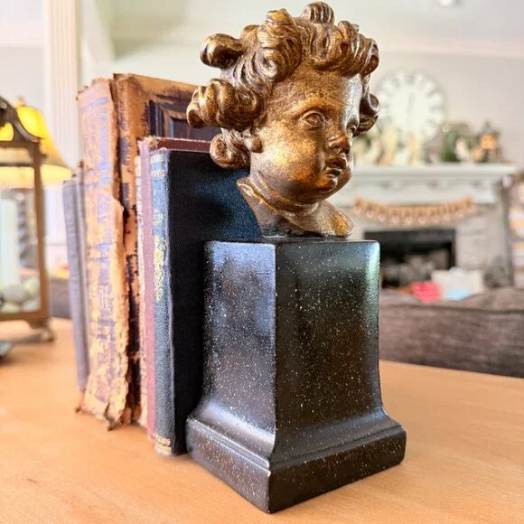 Vintage Borghese Italian Cherub Putti Bookends, Gilt Chalkware Faux Marble Base - Picture 6 of 16